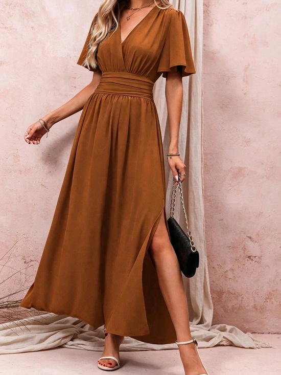 Dresses & Skirts - Luxe  Rust Brown Surplice Butterfly Sleeve Shirred Waist Maxi Dress